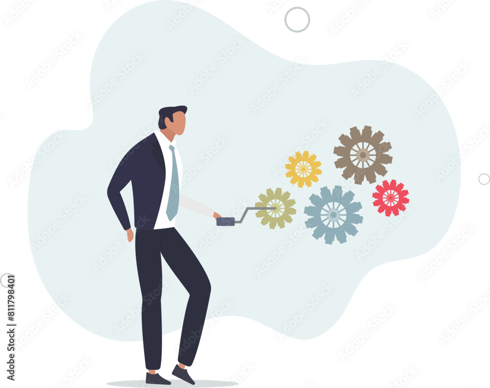 businessman manager use all his power and skill to rotate group of cogwheels gear.flat vector illustration. businessman manager use all his power and skill to rotate group of cogwheels gear.flat vector illustration.