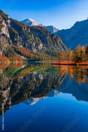 Autumn Reflection at Almsee  Clear Water and Mountain Landscape