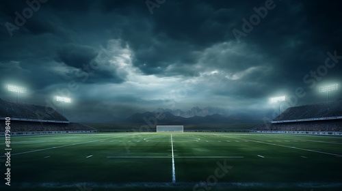 A football field with a scenic, picturesque backdrop and a beautiful lighting photo