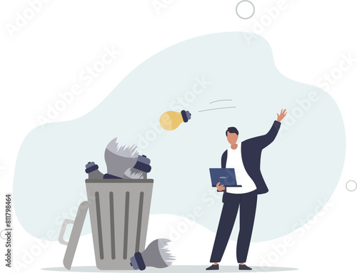 businessman throw away lightbulb idea into full of junk idea in basket bin.flat vector illustration.