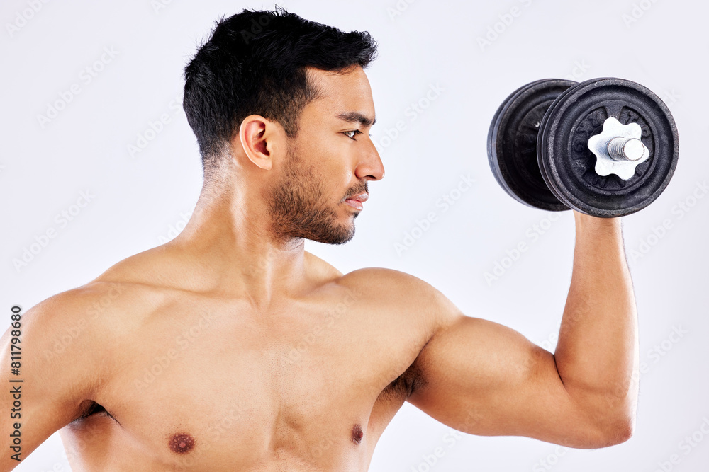 Man, fitness and sports with weight in profile as bodybuilder for competition, strength and wellness in studio. Healthy, male person and muscle in training, workout and exercise in white background Man, fitness and sports with weight in profile as bodybuilder for competition, strength and wellness in studio. Healthy, male person and muscle in training, workout and exercise in white background