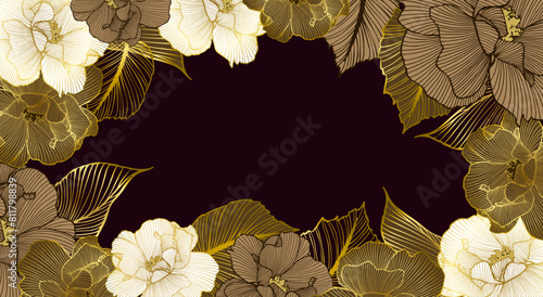 golden florals line art frame in Art Deco style