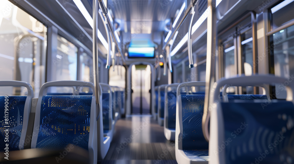 Fototapeta premium Empty interior of a contemporary city bus at twilight.