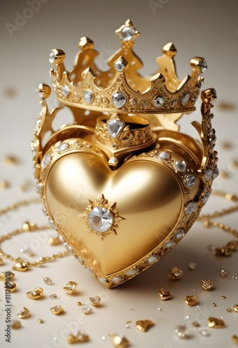 Golden valentines heart with diamonds and crown