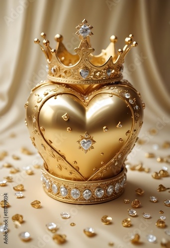 Golden valentines heart with diamonds and crown
