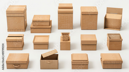 Various cardboard boxes storage on isolated white background photo