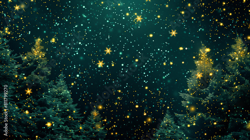 christmas background with stars , trees  on green emerald color background	