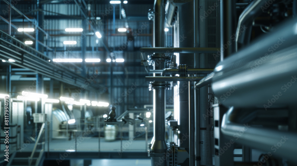 The precise engineering of pipes and machinery in an industrial setting, glowing with cold blue hues.