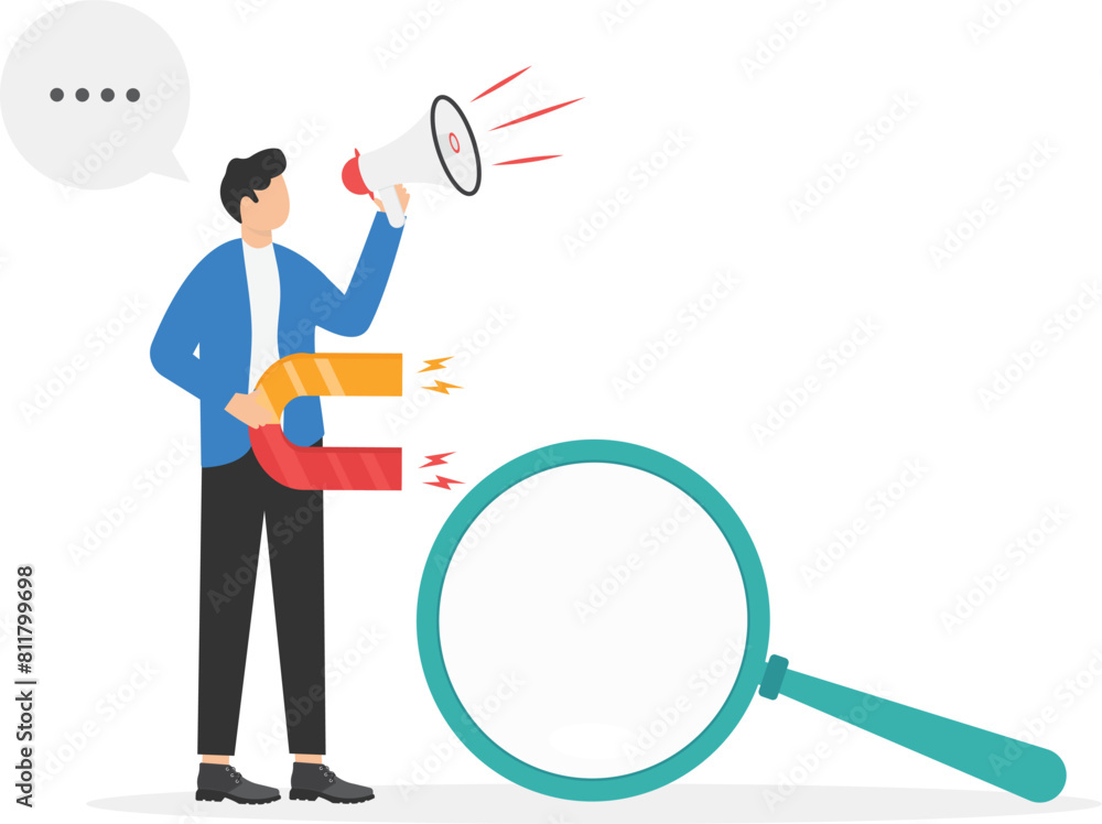 businessman with a shout and a magnifier. The concept of finding people to work, vector illustration
businessman with a shout and a magnifier. The concept of finding people to work, vector illustration