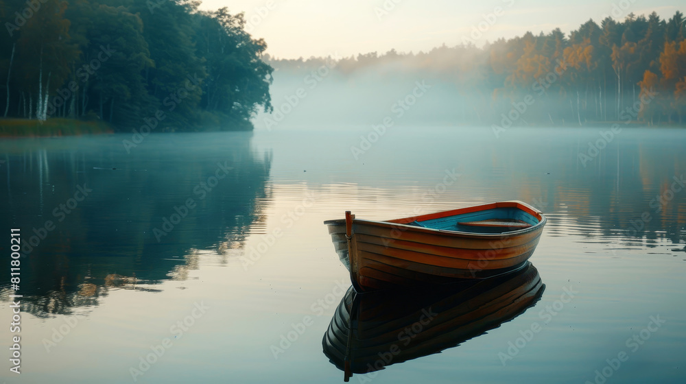 Fototapeta A serene lake at dawn with a lone rowboat gently floating amid misty woodlands