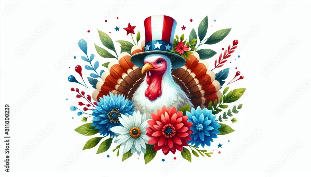 Turkey 4th July Watercolor Celebration USA (United State) Art Cute Cartoon For Independence Day Animal Patriotic with American Flag Memorial Day Clip Art