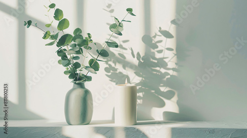 Vase with green eucalyptus branches and candle on shel photo