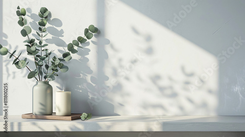 Vase with green eucalyptus branches and candle on shel photo