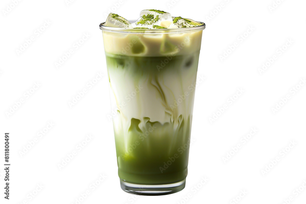 Iced Matcha Latte in a Tall Glass, Isolated on Di-Cut PNG style Iced Matcha Latte in a Tall Glass, Isolated on Di-Cut PNG style