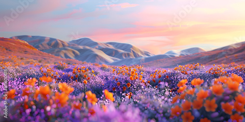 A beautiful lavender field with wildflowers and flowers at sunset AI Generated photo
