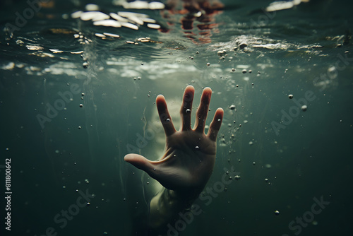 The hand of a drowning man in the water. A man's hand under water. A drowning man in the depths of the sea.