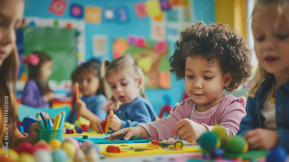 group of diverse creative children playing in the classroom with art blocks and colors group of diverse creative children playing in the classroom with art blocks and colors
