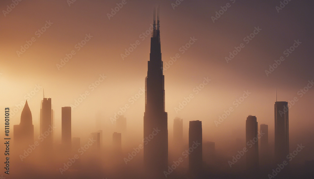 silhouette of skyscraper towers in foggy and sunset weather.
silhouette of skyscraper towers in foggy and sunset weather.