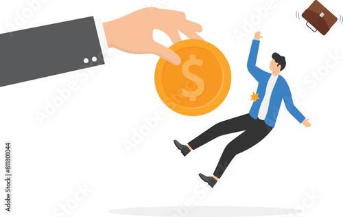Big hand hit businessman head by dollars coin, bribe, bribery, business corruption concept

