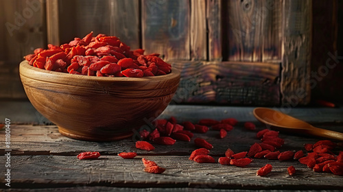 Rich red color of dried goji berries arranged on a rustic wooden table