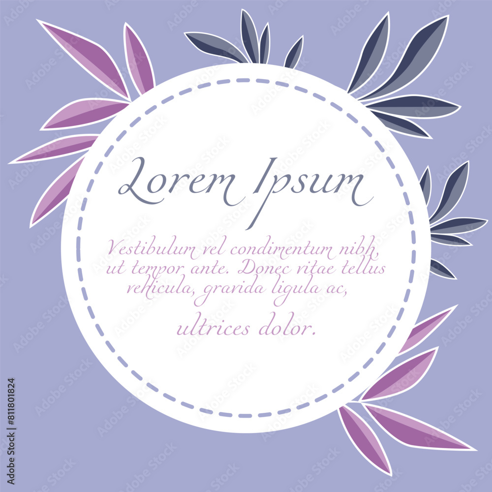 Postcard with a round frame and tropical leaves in purple and pink. Invitation card for holiday, birthday, wedding. Postcard with a round frame and tropical leaves in purple and pink. Invitation card for holiday, birthday, wedding.