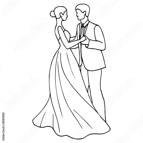 bride and groom dance in full length. outline wedding illustration