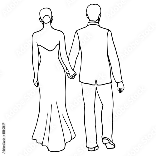 bride and groom holding hands walk together, view from the back. wedding outline illustration