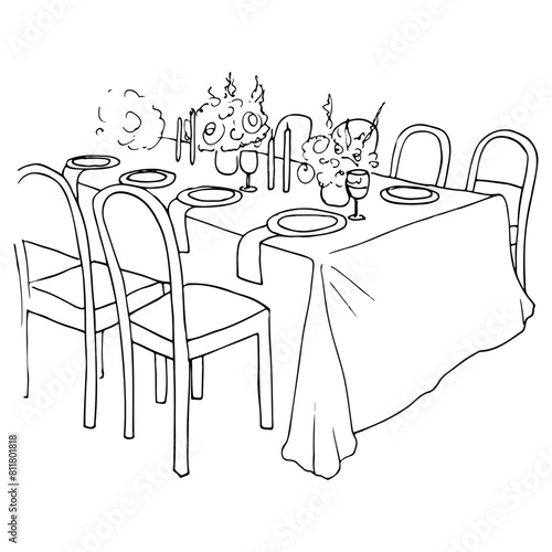 minimalistic outline drawing of a wedding or holiday table awaiting guests. outline illustration of a set table