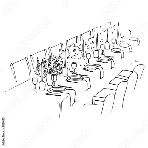 long table set for guests and decorated with flowers and candles. outline illustration of a formal and decorated table