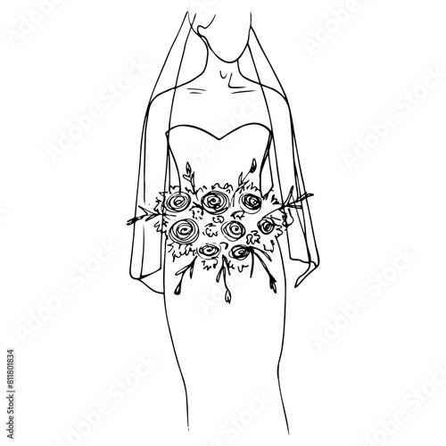 bride with a bouquet in her hand, in a bustier dress and veil, stands straight with her head slightly lowered. outline wedding illustration