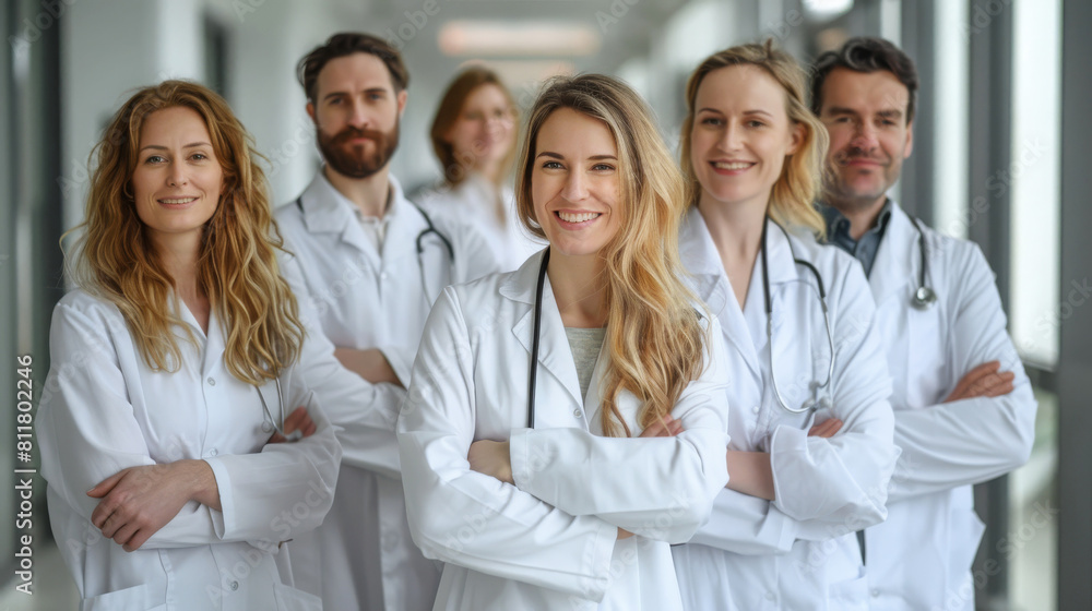 Confident medical team posing with crossed arms in hospital corridor Confident medical team posing with crossed arms in hospital corridor