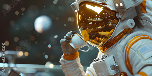 Astronaut with gold visor and white spacesuit and cup of tea in hand photo