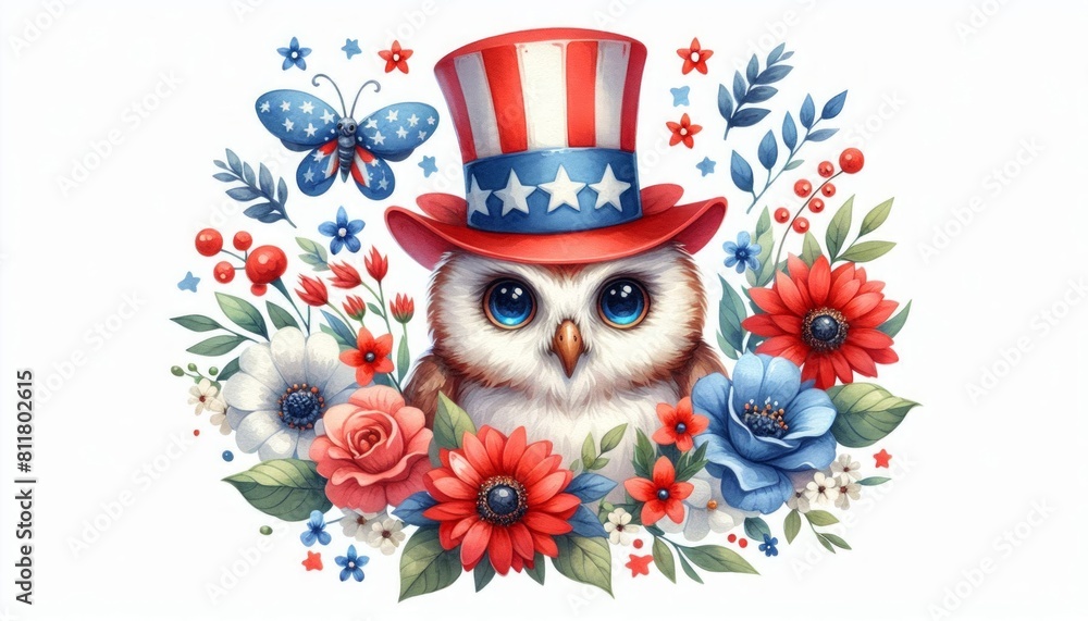 Owl 4th July Watercolor Animal Patriotic with American Flag Memorial Day Clip Art Celebration USA (United State) Art Cute Cartoon For Independence Day Owl 4th July Watercolor Animal Patriotic with American Flag Memorial Day Clip Art Celebration USA (United State) Art Cute Cartoon For Independence Day