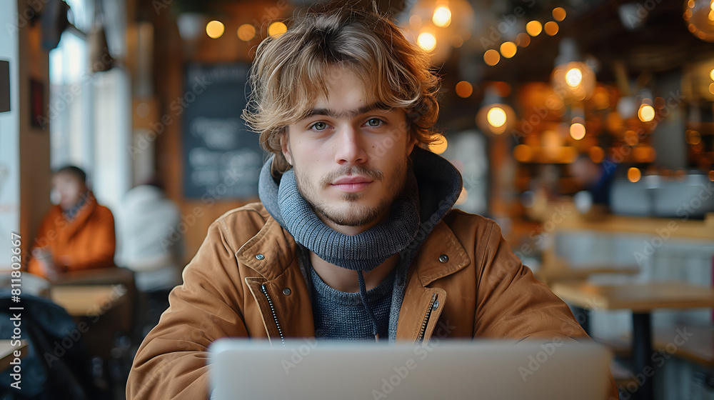 Young man working on laptop, IT programmer freelancer or student with computer in cafe at table looking in camera Young man working on laptop, IT programmer freelancer or student with computer in cafe at table looking in camera