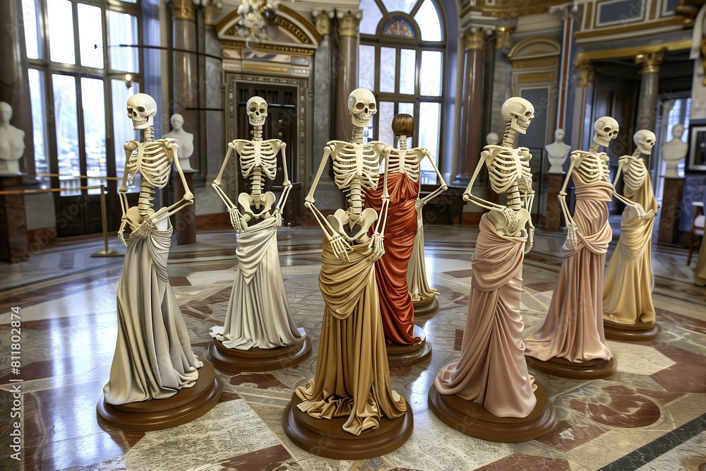 A group of skeletons wearing elegant evening dresses stand in the hall of an old palace. Marble floor. Manor. Gowns. A ballroom. Drapery. Mannequin. A ball of skeletons. Fashion show
