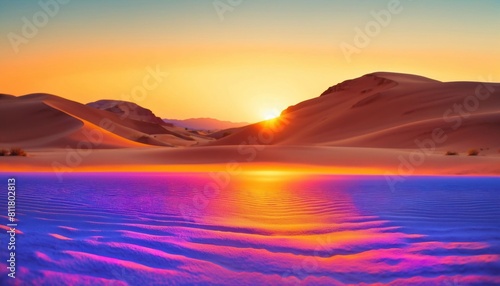 photo of landscape nature sand dunes with orange sunset light, generative AI