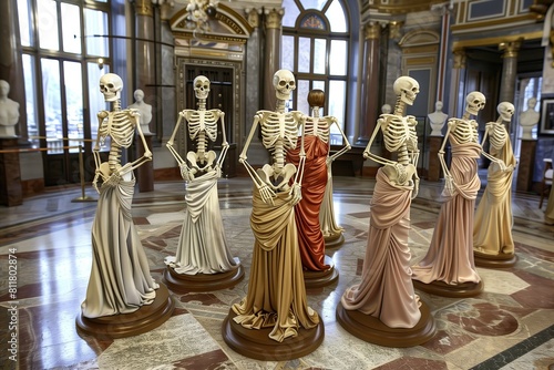 A group of skeletons wearing elegant evening dresses stand in the hall of an old palace. Marble floor. Manor. Gowns. A ballroom. Drapery. Mannequin. A ball of skeletons. Fashion show photo