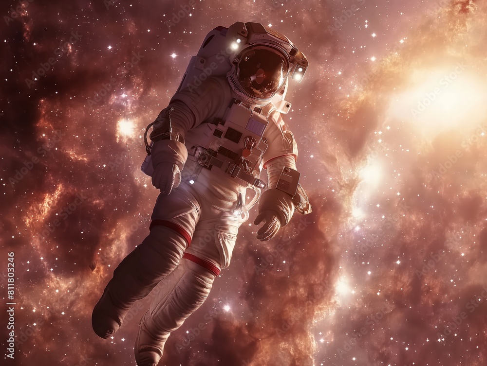 An astronaut floats amidst the stellar backdrop of a starry cosmos, conveying solitude and exploration.