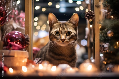 Medium shot portrait photography of a funny havana brown cat investigating while standing against festive holiday scene © Markus Schröder
