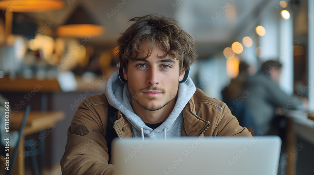 Young man working on laptop, IT programmer freelancer or student with computer in cafe at table looking in camera Young man working on laptop, IT programmer freelancer or student with computer in cafe at table looking in camera