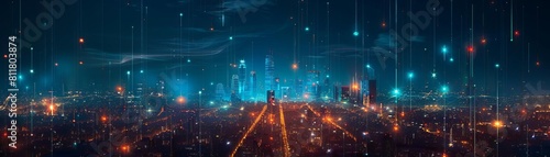 Smart city and abstract dot point connect with gradient line and aesthetic Intricate wave line design   big data connection technology concept  dark blues lights