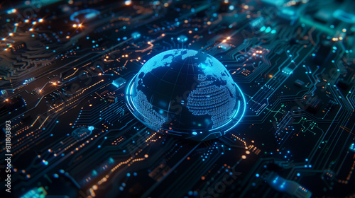 A 3D holographic virtual planet Earth on a circuit board. Neon blue color. Internet of Things, IoT, Global electronics, information technology earth, Digital world concept.