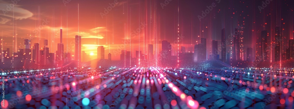 Fototapeta premium Smart city and abstract dot point connect with gradient line and aesthetic Intricate wave line design , big data connection technology concept, dark blues lights
