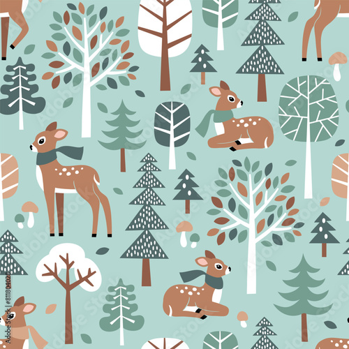 Seamless vector pattern with cute hand drawn fawn, trees, mushrooms and leaves. Perfect for textile, wallpaper or nursery print design.
