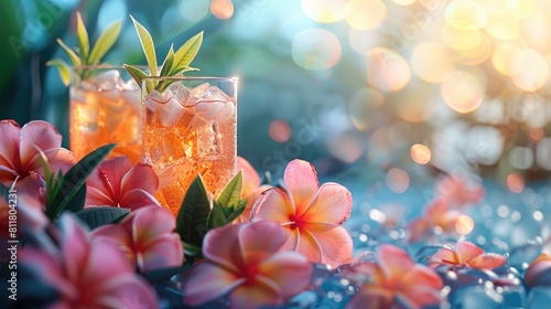 Refreshing Iced Tea Amongst Lush Tropical Flowers in Sunlight.