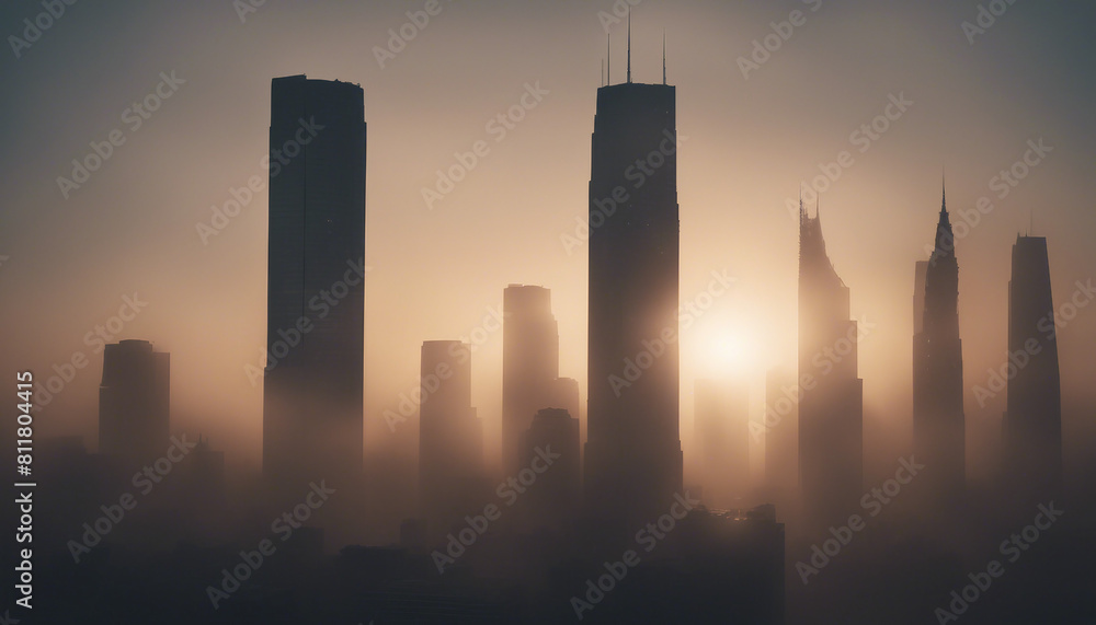 silhouette of skyscraper towers in foggy and sunset weather.
silhouette of skyscraper towers in foggy and sunset weather.