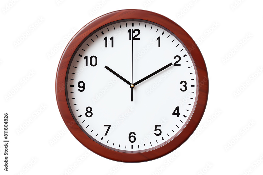 A brown wall clock with a white dial and black numbers. A brown wall clock with a white dial and black numbers.