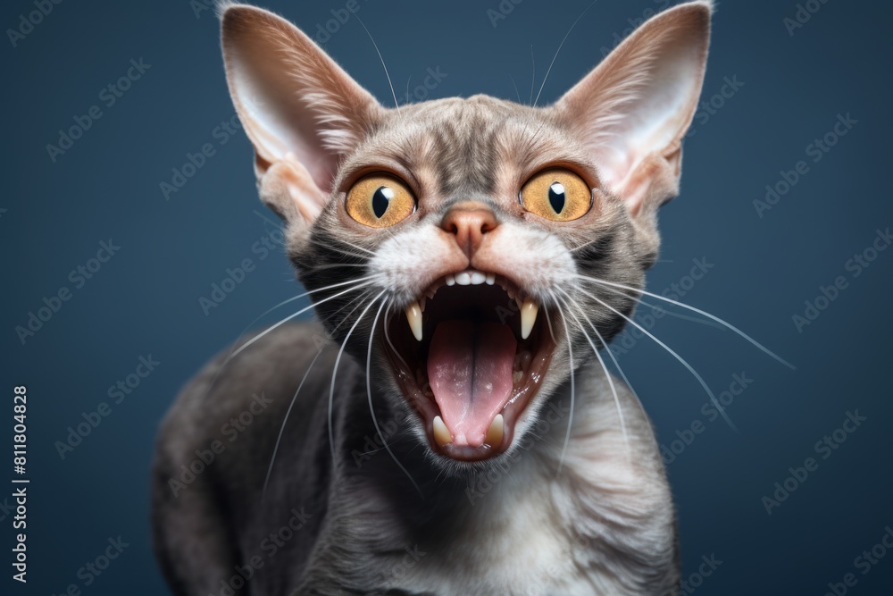 Group portrait photography of a cute devon rex cat growling over sophisticated studio backdrop