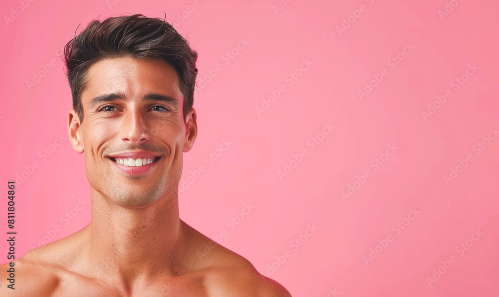 Fototapeta premium A man with a smile on his face is standing in front of a pink background