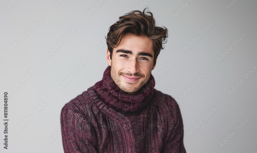 A man wearing a purple sweater and scarf is smiling